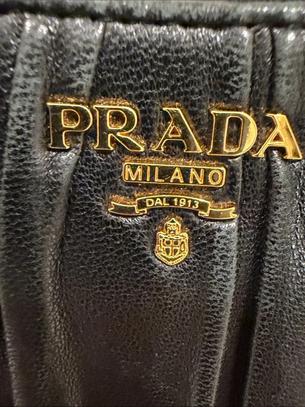 Prada Black Gathered Leather Zip-Around Wallet with Gold Logo